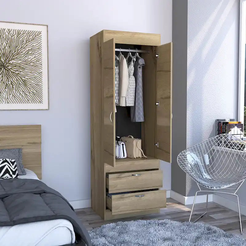 Penderie, deux portes, 2 tiroirs, avec tringle à vêtements