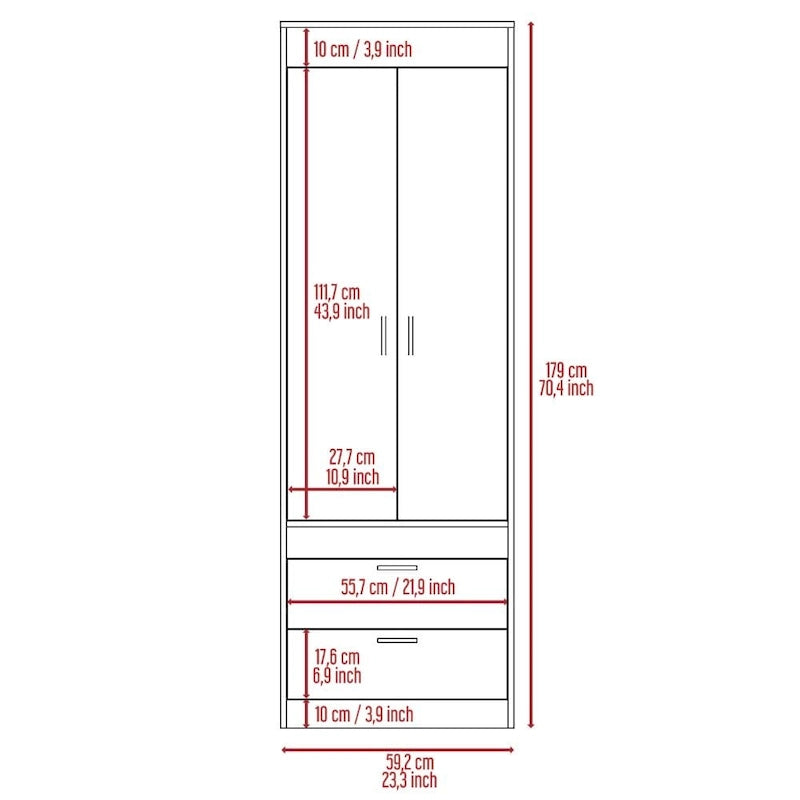 Penderie, deux portes, 2 tiroirs, avec tringle à vêtements