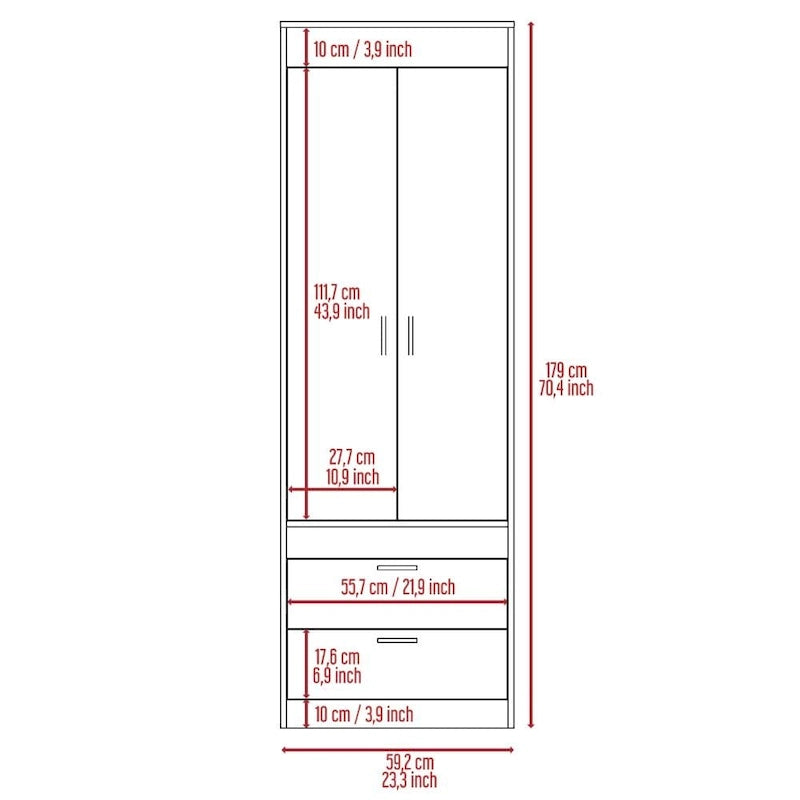 Penderie, deux portes, 2 tiroirs, avec tringle à vêtements