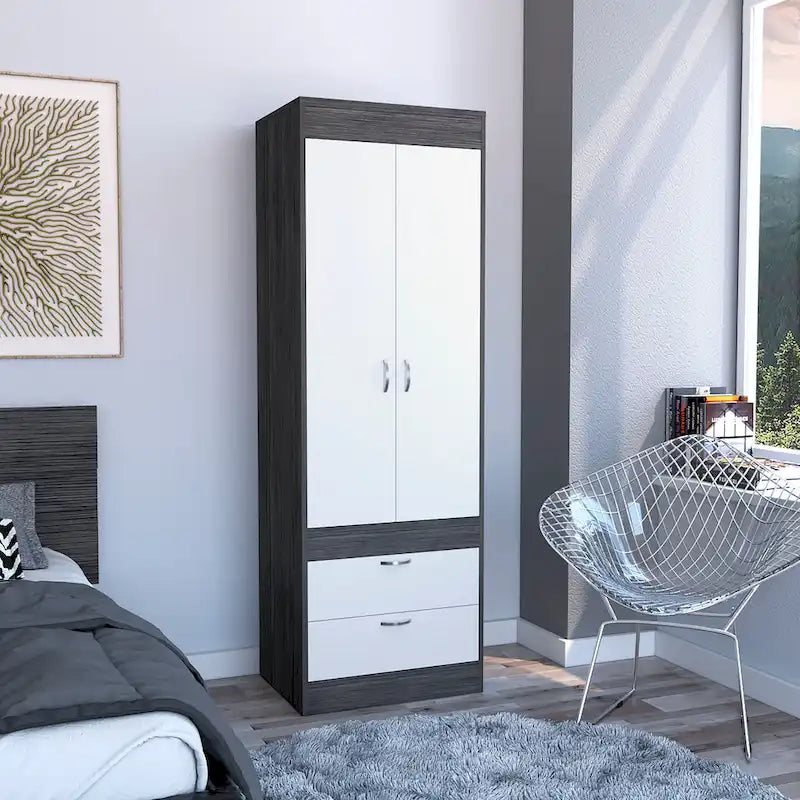 Penderie, deux portes, 2 tiroirs, avec tringle à vêtements
