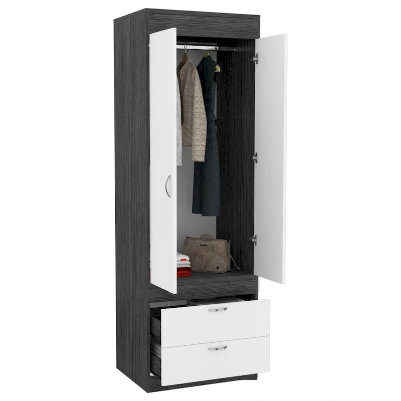 Penderie, deux portes, 2 tiroirs, avec tringle à vêtements