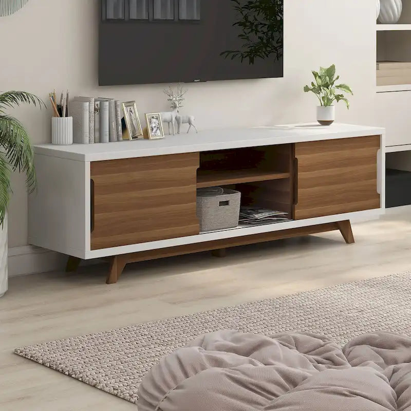Meuble TV à six niveaux de 157 cm de large, en bois blanc et noyer, style médiéval moderne