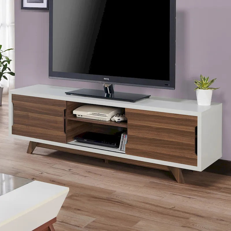 Meuble TV à six niveaux de 157 cm de large, en bois blanc et noyer, style médiéval moderne