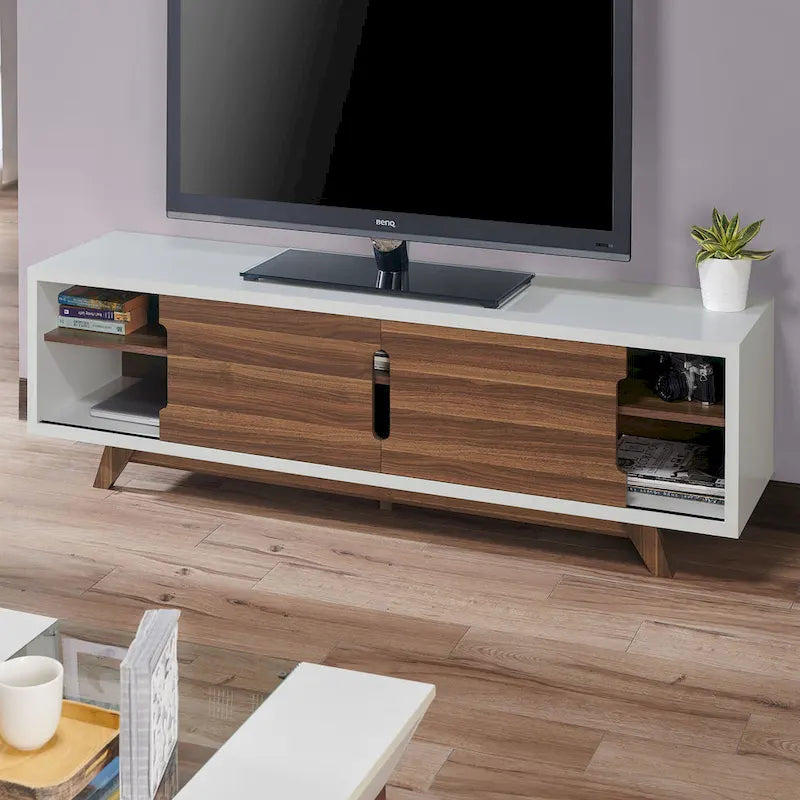 Meuble TV à six niveaux de 157 cm de large, en bois blanc et noyer, style médiéval moderne
