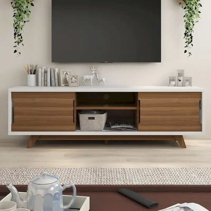 Meuble TV à six niveaux de 157 cm de large, en bois blanc et noyer, style médiéval moderne