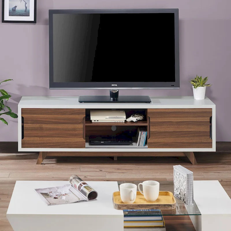 Meuble TV à six niveaux de 157 cm de large, en bois blanc et noyer, style médiéval moderne
