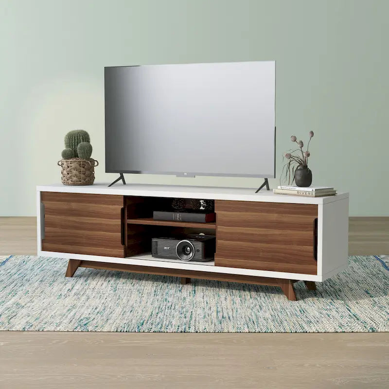 Meuble TV à six niveaux de 157 cm de large, en bois blanc et noyer, style médiéval moderne