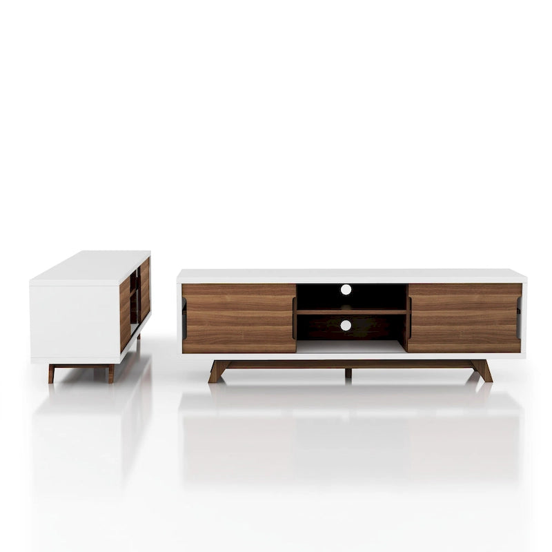 Meuble TV à six niveaux de 157 cm de large, en bois blanc et noyer, style médiéval moderne