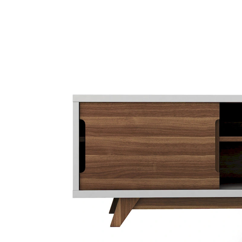 Meuble TV à six niveaux de 157 cm de large, en bois blanc et noyer, style médiéval moderne