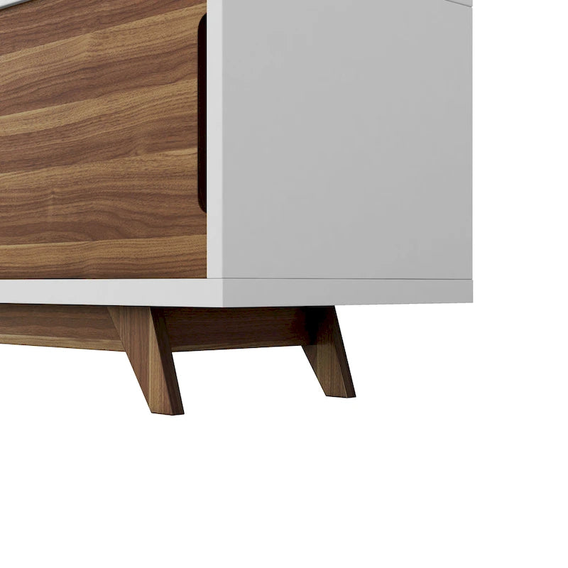 Meuble TV à six niveaux de 157 cm de large, en bois blanc et noyer, style médiéval moderne