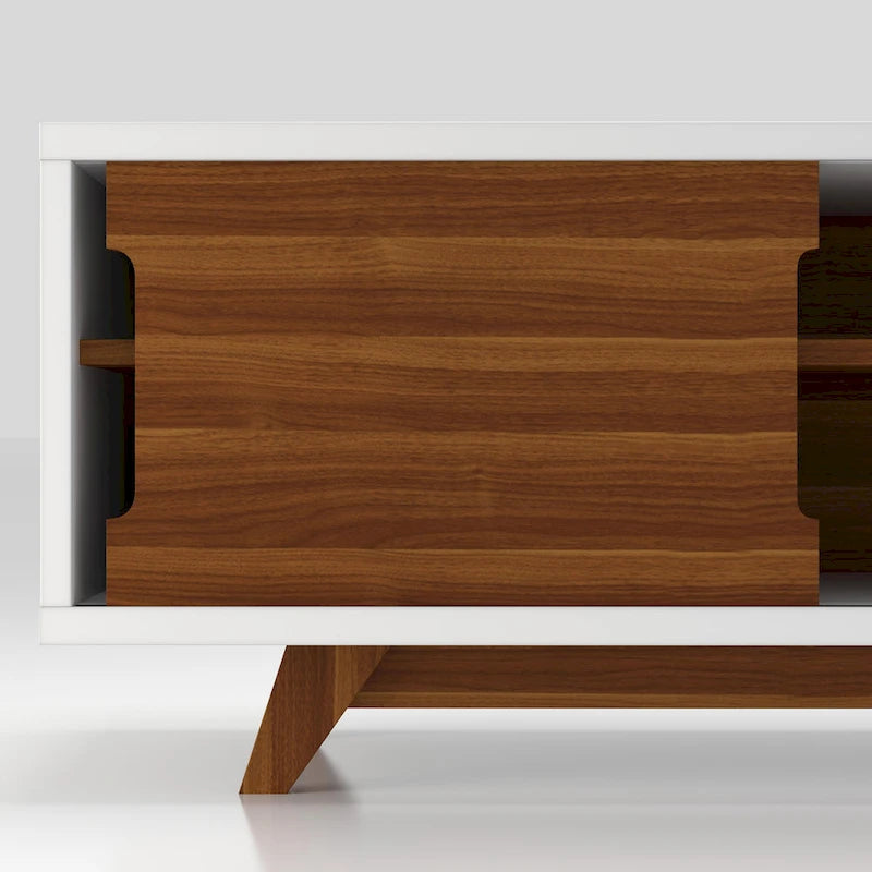 Meuble TV à six niveaux de 157 cm de large, en bois blanc et noyer, style médiéval moderne