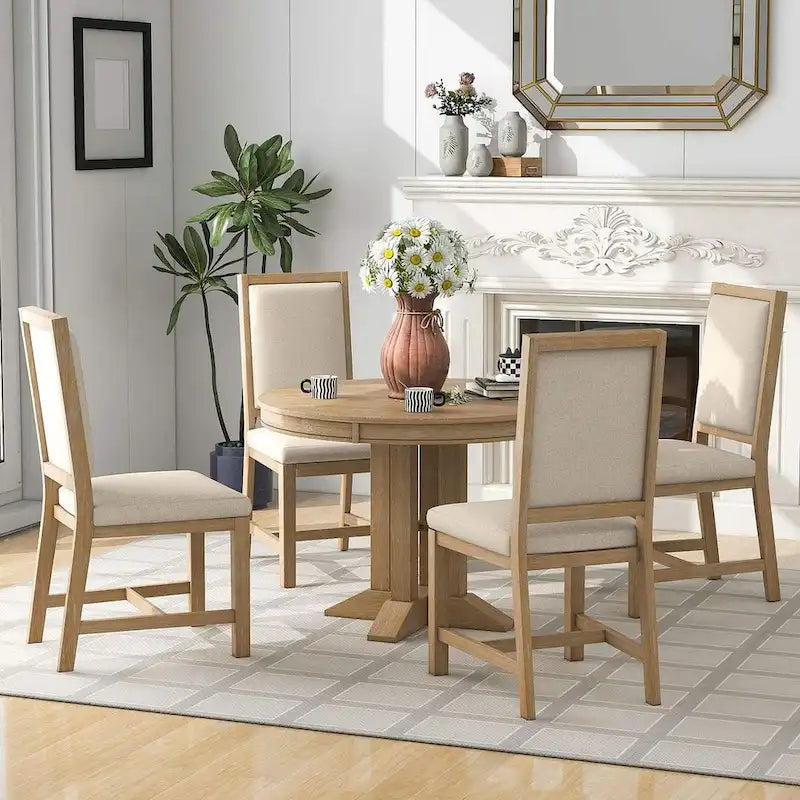 Farmhouse Retractable Round Table with 4 Upholstered Chairs