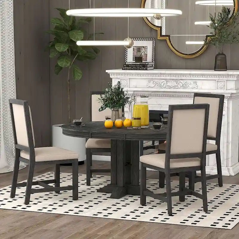 Table ronde escamotable de style campagnard avec 4 chaises rembourrées