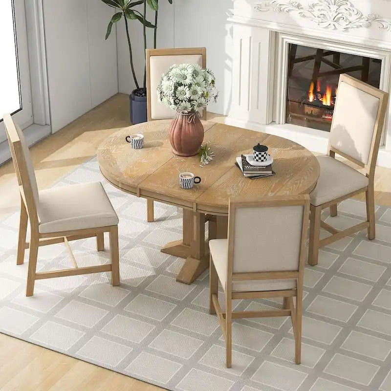 Table ronde escamotable de style campagnard avec 4 chaises rembourrées