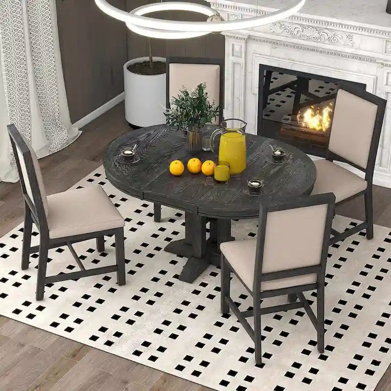 Table ronde escamotable de style campagnard avec 4 chaises rembourrées