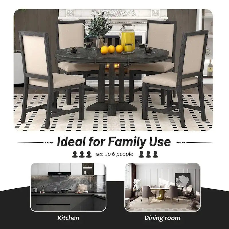 Table ronde escamotable de style campagnard avec 4 chaises rembourrées