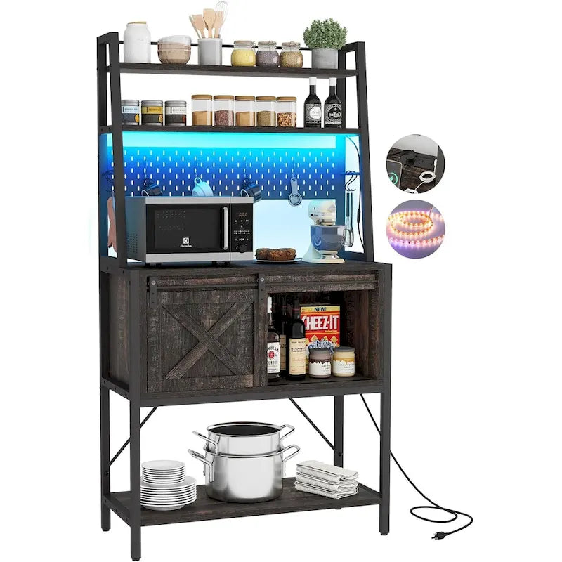 Étagère de cuisine à LED à 5 niveaux, avec tablettes de rangement coulissantes et une table-bar avec prise électrique.