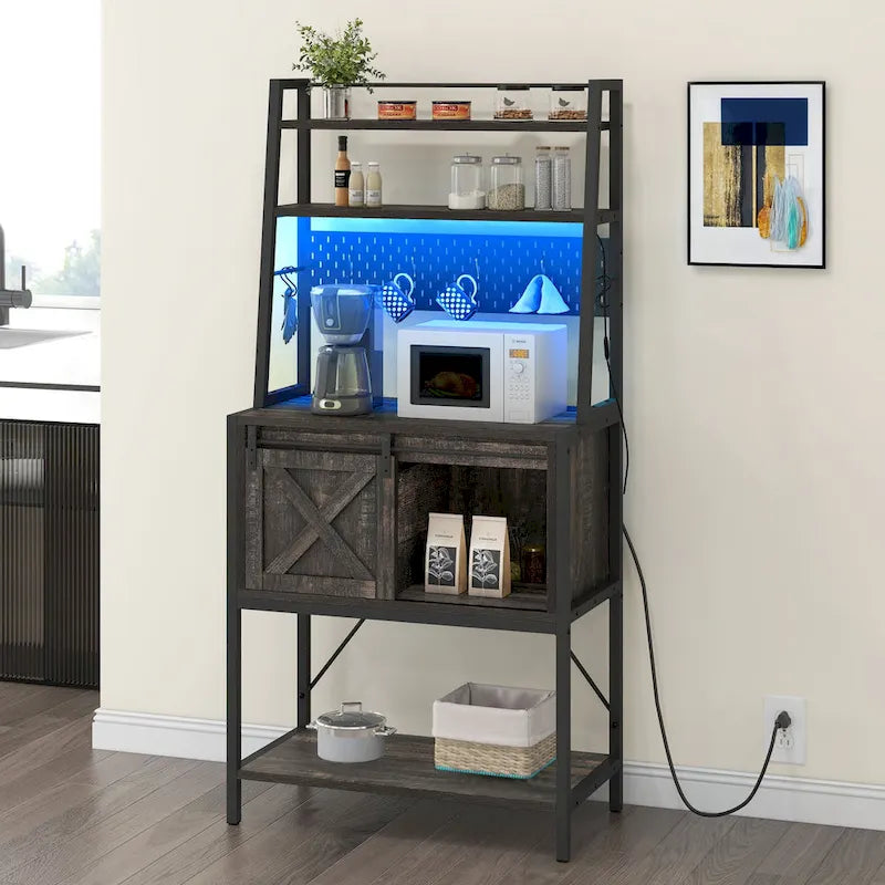 Étagère de cuisine à LED à 5 niveaux, avec tablettes de rangement coulissantes et une table-bar avec prise électrique.