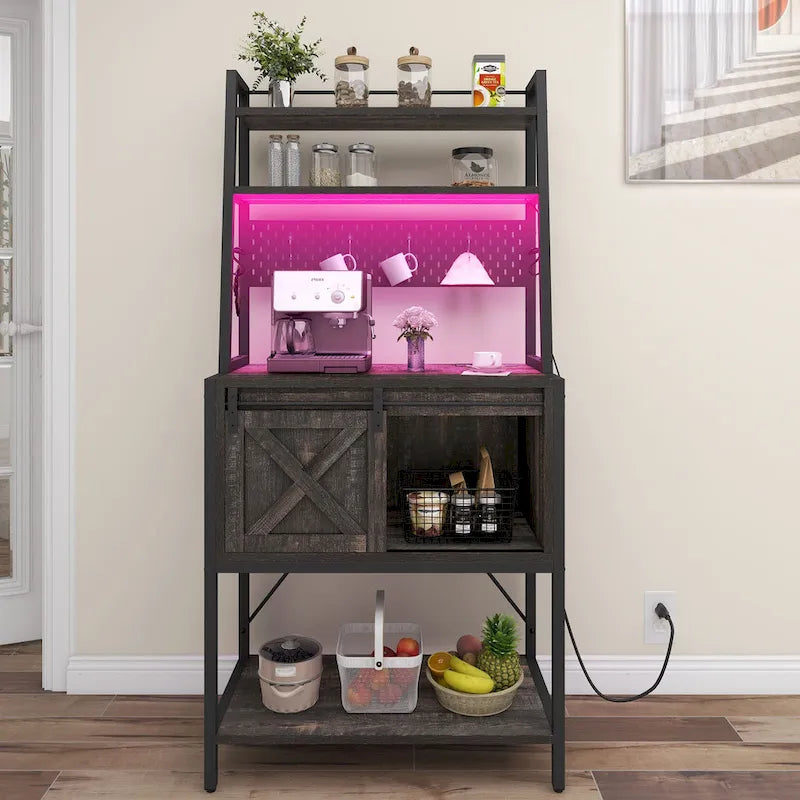 Étagère de cuisine à LED à 5 niveaux, avec tablettes de rangement coulissantes et une table-bar avec prise électrique.