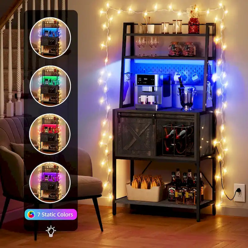 Étagère de cuisine à LED à 5 niveaux, avec tablettes de rangement coulissantes et une table-bar avec prise électrique.