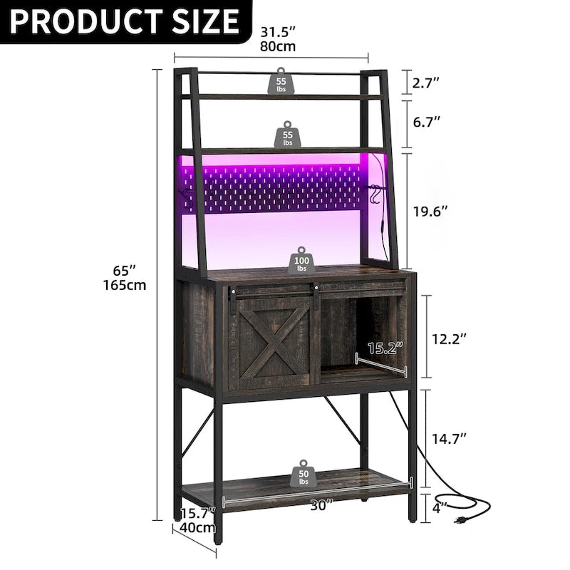 Étagère de cuisine à LED à 5 niveaux, avec tablettes de rangement coulissantes et une table-bar avec prise électrique.