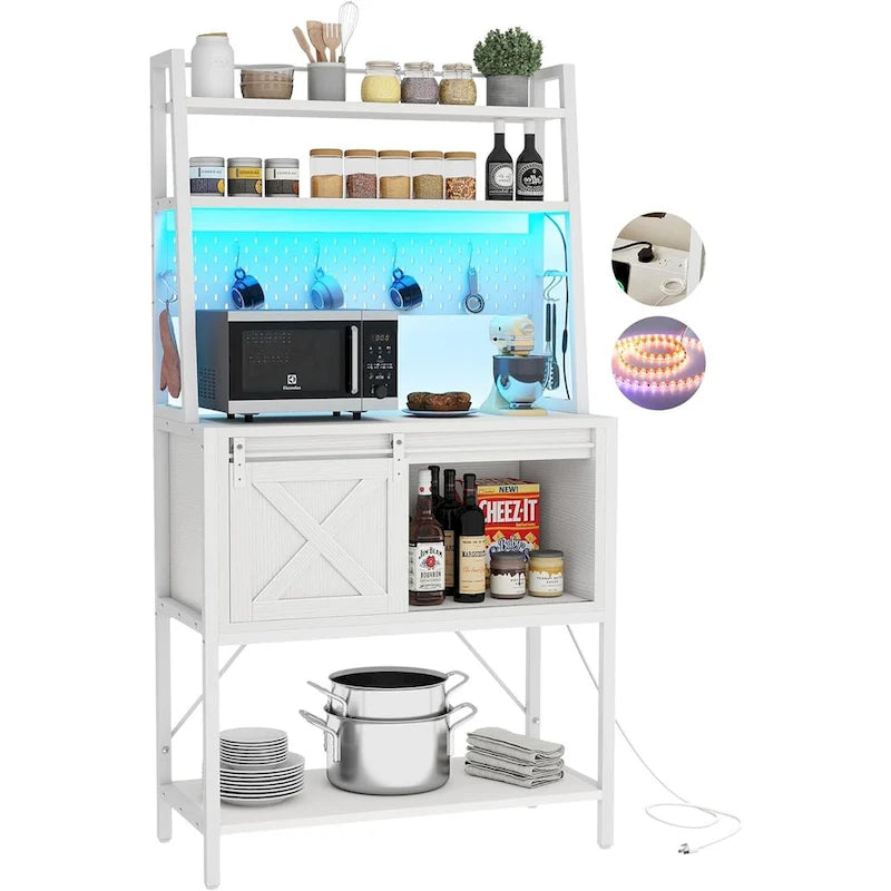 Étagère de cuisine à LED à 5 niveaux, avec tablettes de rangement coulissantes et une table-bar avec prise électrique.