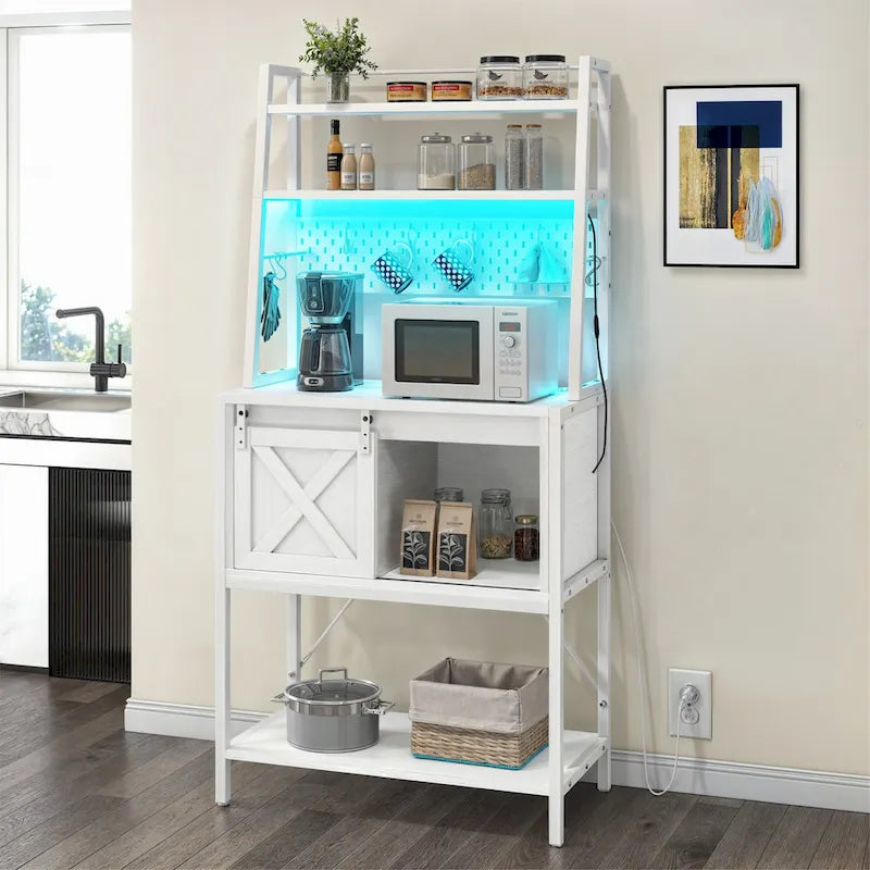 Étagère de cuisine à LED à 5 niveaux, avec tablettes de rangement coulissantes et une table-bar avec prise électrique.