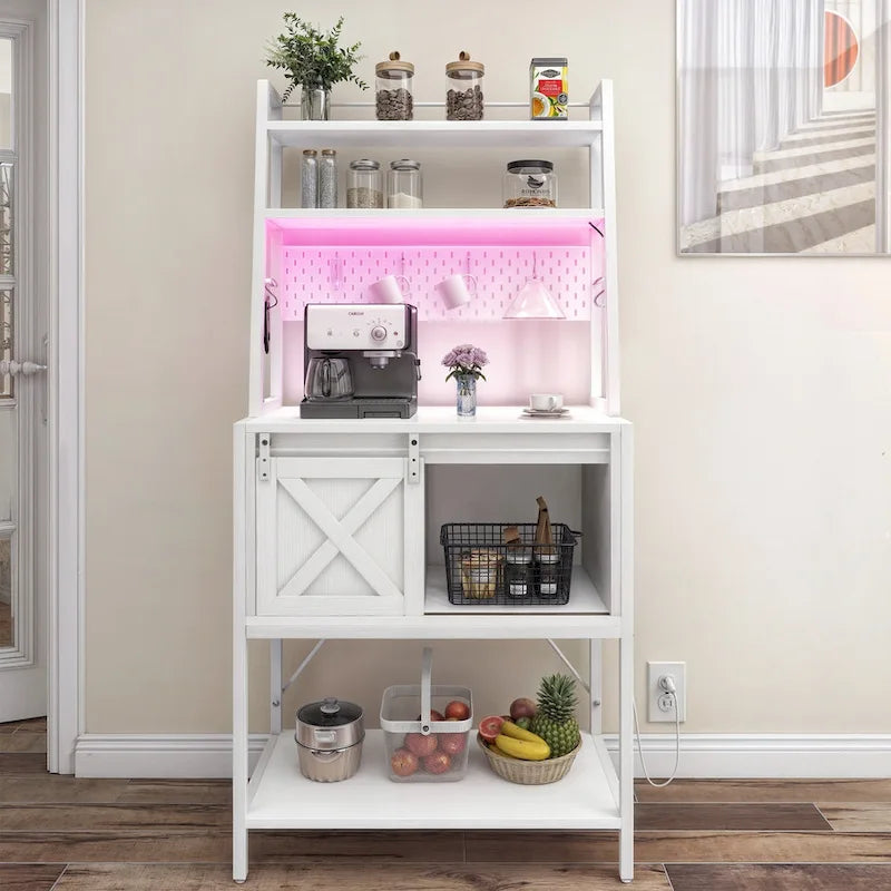 Étagère de cuisine à LED à 5 niveaux, avec tablettes de rangement coulissantes et une table-bar avec prise électrique.