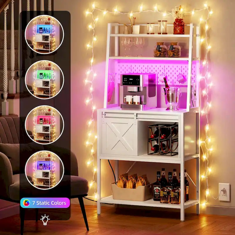 Étagère de cuisine à LED à 5 niveaux, avec tablettes de rangement coulissantes et une table-bar avec prise électrique.