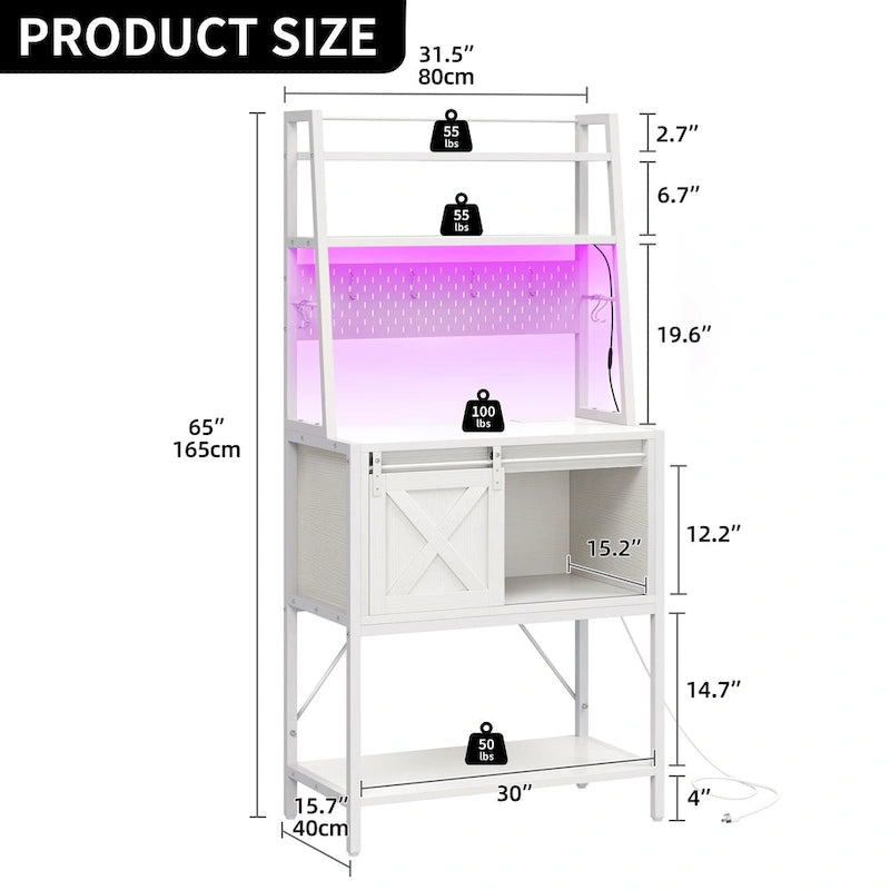 Étagère de cuisine à LED à 5 niveaux, avec tablettes de rangement coulissantes et une table-bar avec prise électrique.