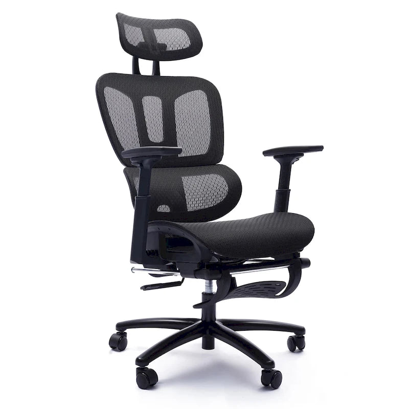 Chaise de bureau ergonomique à dossier haut en maille avec appui-tête et accoudoirs réglables.
