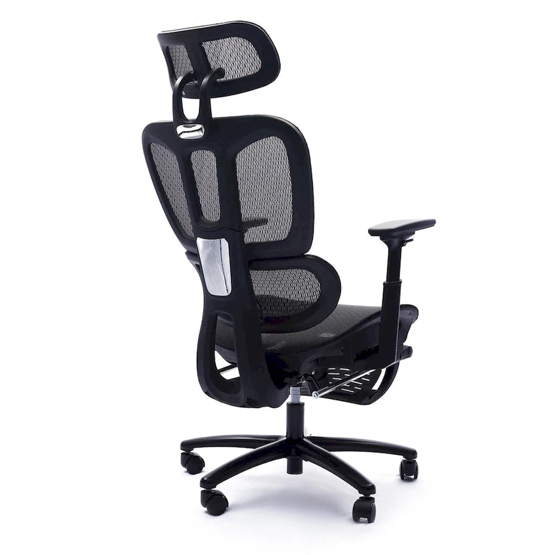 Chaise de bureau ergonomique à dossier haut en maille avec appui-tête et accoudoirs réglables.