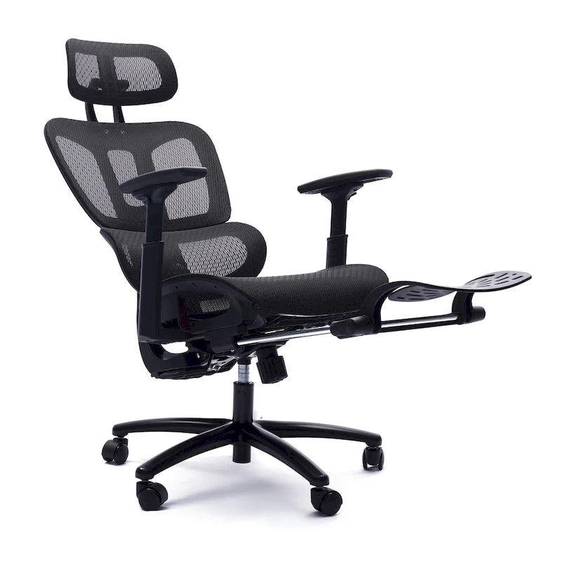 Chaise de bureau ergonomique à dossier haut en maille avec appui-tête et accoudoirs réglables.