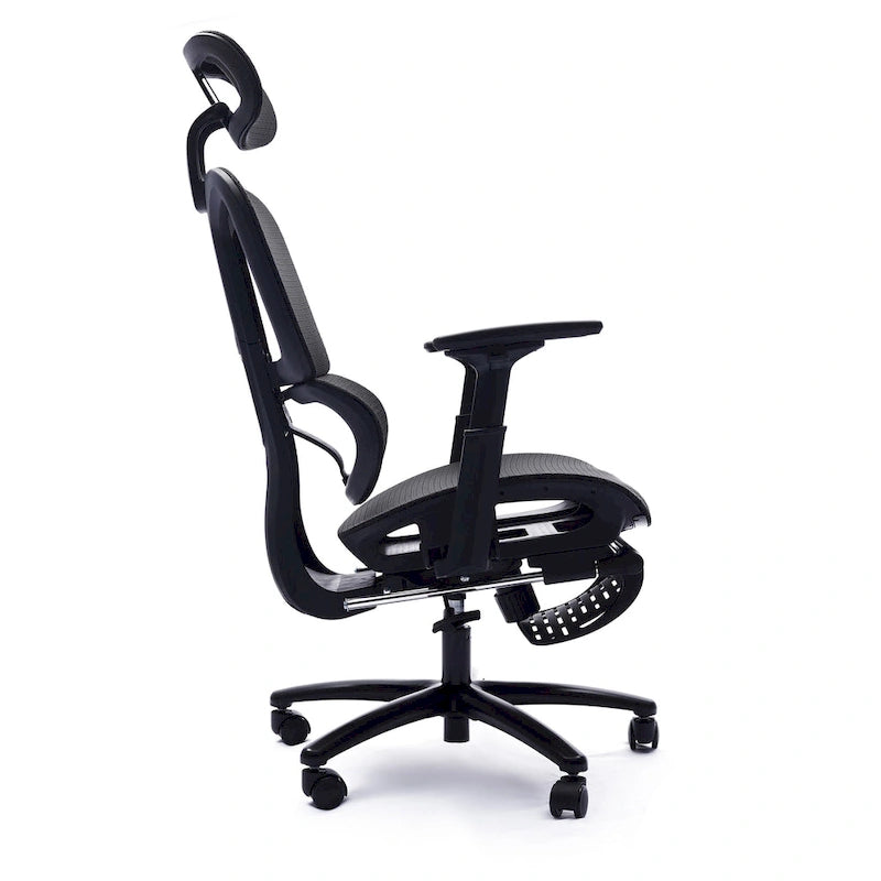 Chaise de bureau ergonomique à dossier haut en maille avec appui-tête et accoudoirs réglables.