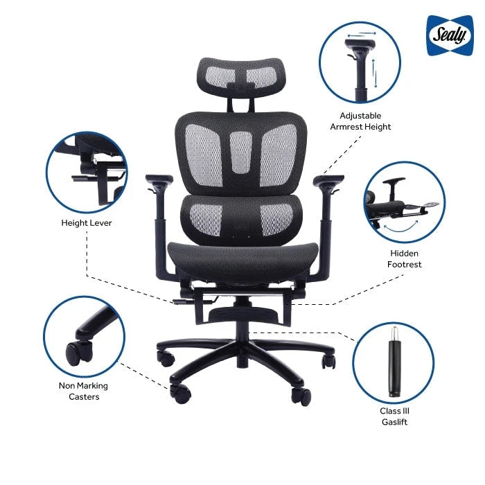 Chaise de bureau ergonomique à dossier haut en maille avec appui-tête et accoudoirs réglables.