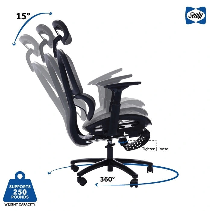 Chaise de bureau ergonomique à dossier haut en maille avec appui-tête et accoudoirs réglables.