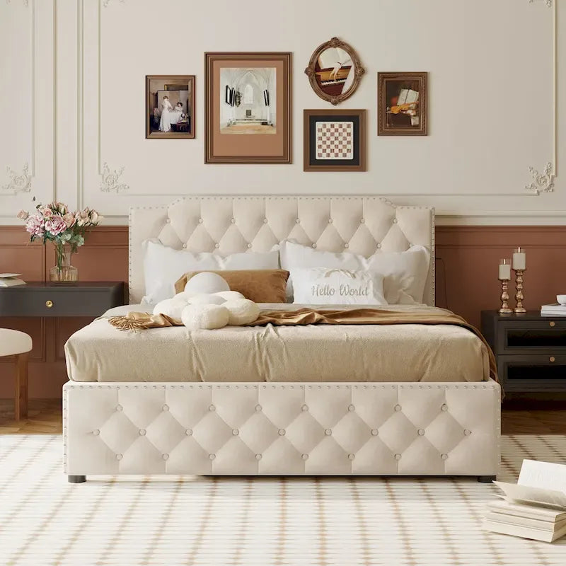 Lit plateforme capitonné Queen Size avec lit gigogne double et 2 ports USB de chaque côté, tissu lin, beige