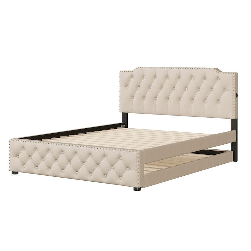 Lit plateforme capitonné Queen Size avec lit gigogne double et 2 ports USB de chaque côté, tissu lin, beige