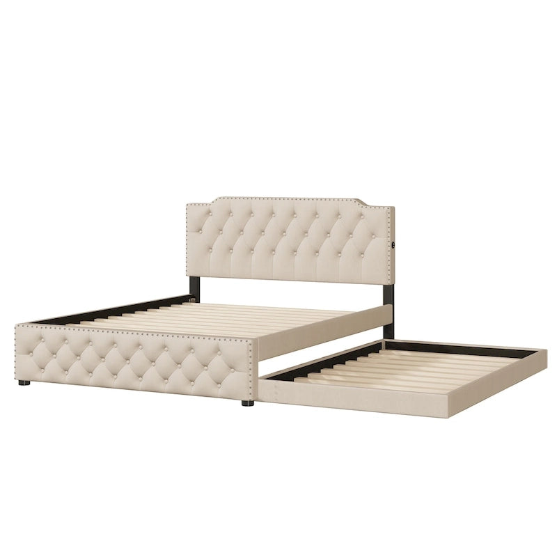 Lit plateforme capitonné Queen Size avec lit gigogne double et 2 ports USB de chaque côté, tissu lin, beige