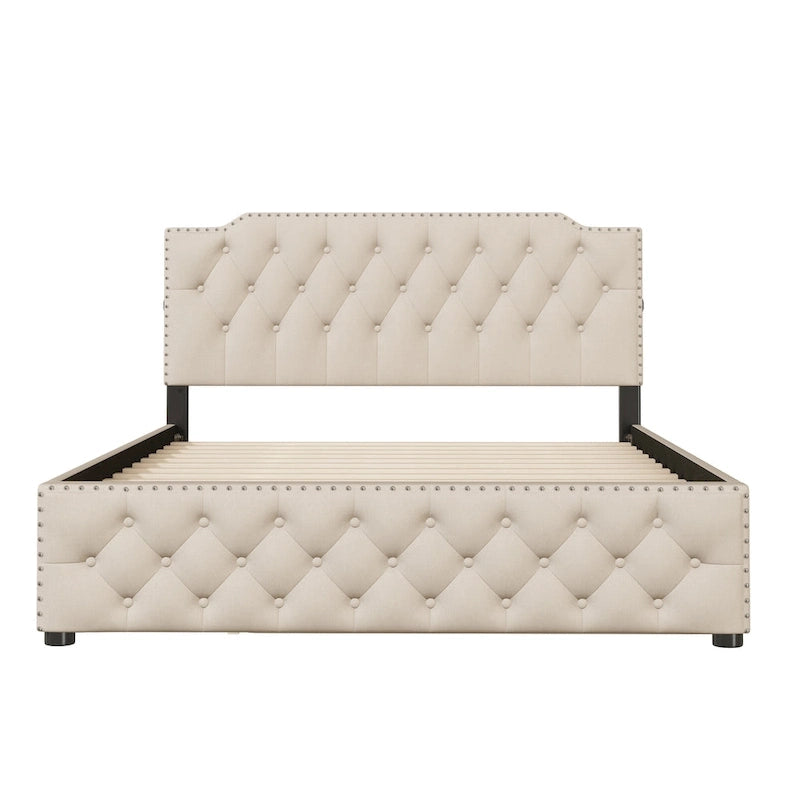 Lit plateforme capitonné Queen Size avec lit gigogne double et 2 ports USB de chaque côté, tissu lin, beige