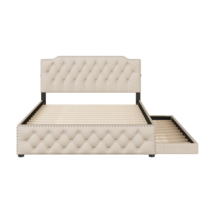 Lit plateforme capitonné Queen Size avec lit gigogne double et 2 ports USB de chaque côté, tissu lin, beige