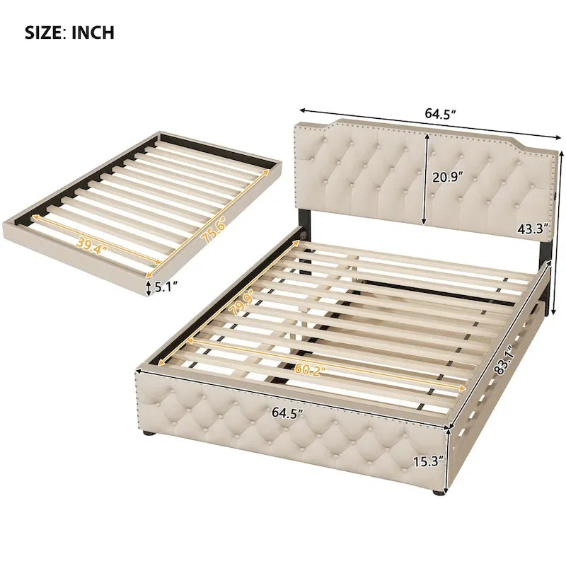 Lit plateforme capitonné Queen Size avec lit gigogne double et 2 ports USB de chaque côté, tissu lin, beige