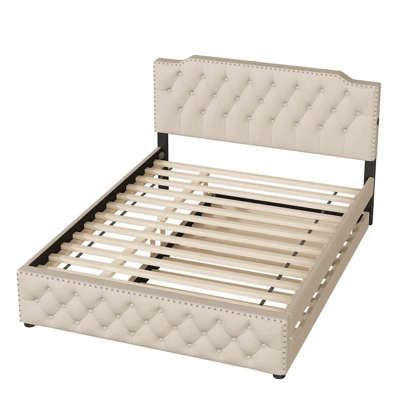 Lit plateforme capitonné Queen Size avec lit gigogne double et 2 ports USB de chaque côté, tissu lin, beige