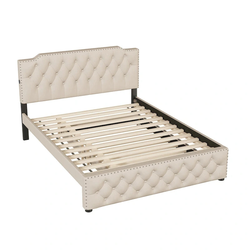 Lit plateforme capitonné Queen Size avec lit gigogne double et 2 ports USB de chaque côté, tissu lin, beige