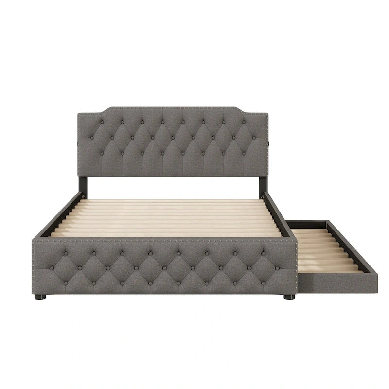 Lit plateforme capitonné Queen Size avec lit gigogne double et 2 ports USB de chaque côté, tissu lin, beige