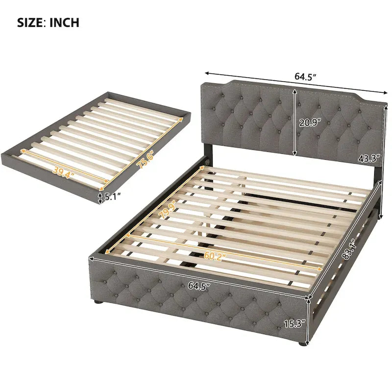 Lit plateforme capitonné Queen Size avec lit gigogne double et 2 ports USB de chaque côté, tissu lin, beige