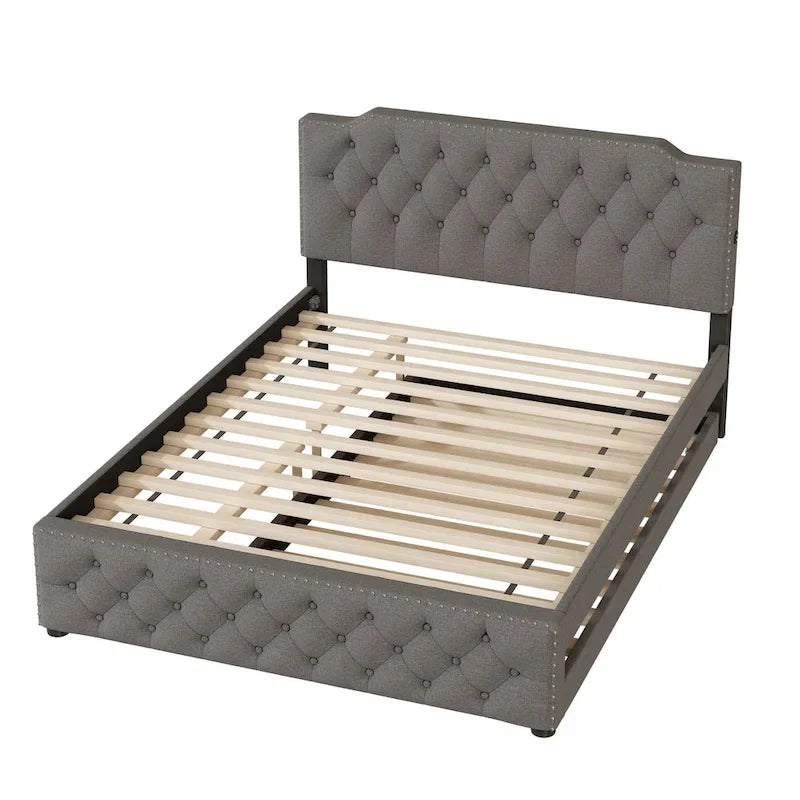Lit plateforme capitonné Queen Size avec lit gigogne double et 2 ports USB de chaque côté, tissu lin, beige