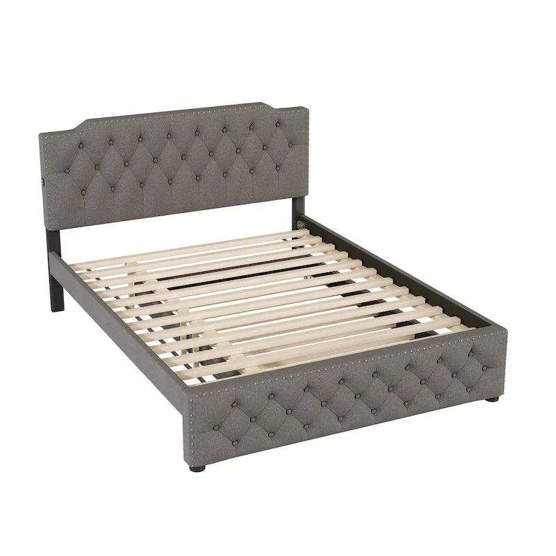 Lit plateforme capitonné Queen Size avec lit gigogne double et 2 ports USB de chaque côté, tissu lin, beige