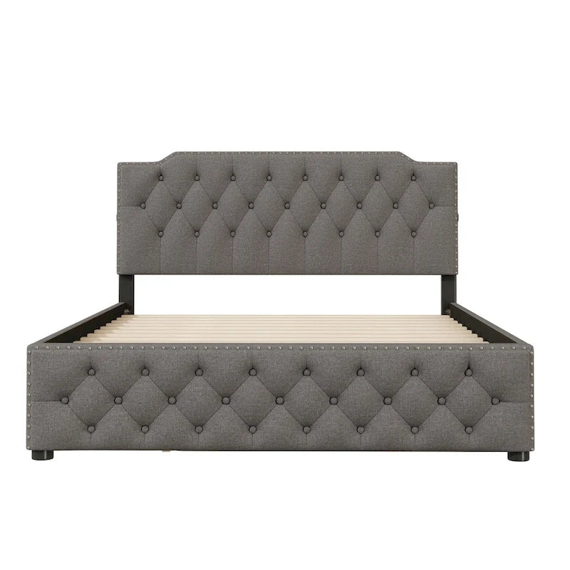 Lit plateforme capitonné Queen Size avec lit gigogne double et 2 ports USB de chaque côté, tissu lin, beige
