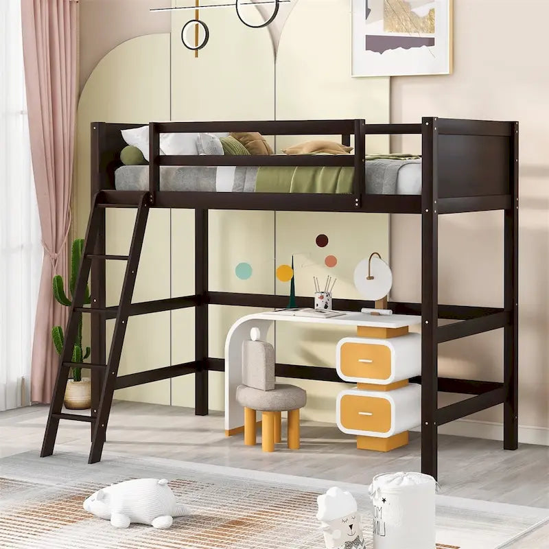Lit mezzanine double en bois massif avec échelle